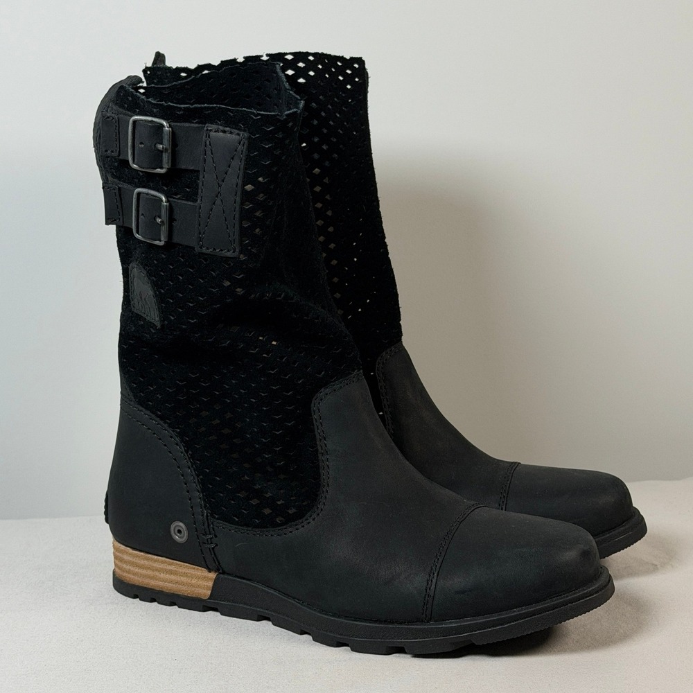 SOREL Major Pull On Size 8 Womens Cut Out Black Leather Mid Calf Slouch Boots